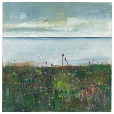 Carn Gloose Cliff. And the foxgloves dare to put their heads up in the wind to sway and nod gracefully. 2025.   mixed media on museum board.      50 x 50cm.