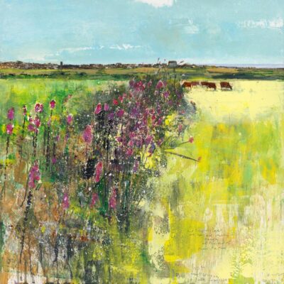 Hot afternoon, St Just foxgloves. 2025.   mixed media on wood panel.      60 x 60cm.