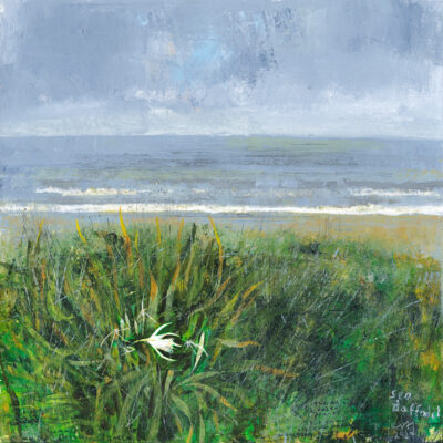 Sea daffodil, there are only half a dozen plants but snails are all over them munching away. Marazion dunes. 2024.   mixed media on museum board.     50 x 50cm.