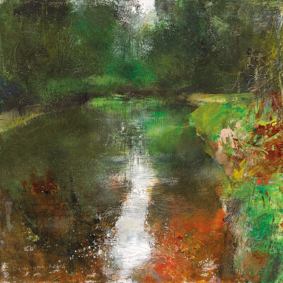 Jackdaws in the treetops, a few raindrops in the river. 2024.  mixed media on wood panel.  60 x 60cm.