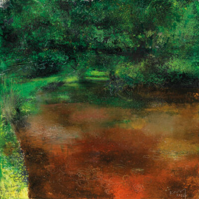 Boldre, raindrops under the oaks. 2024.  mixed media on canvas board.  60 x 60cm.