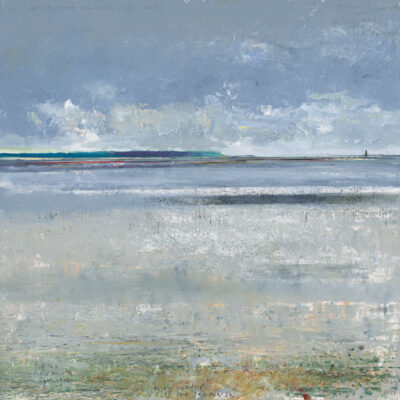 Off the river mouth, Lymington, high water over the salt marsh. 2024.  mixed media on wood panel.  60 x 60cm.