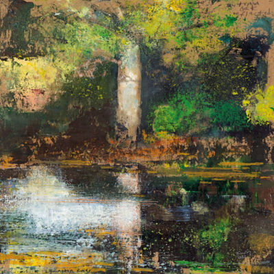 Autumn oak reflected, Lymington River. 2022.  mixed media on card.  40 x 40cm.