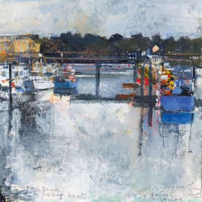 The rail bridge and fishing boats, Lymington Quay. A rainy morning. 2024.  mixed media on museum board.  22 x 22cm.