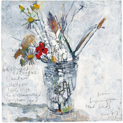 Hawkweed oxtongue, plantain, yarrow , rosehips, sea mayweed, common reed from Lymington reedbeds. 2024.  mixed media on museum board.  22 x 22cm.