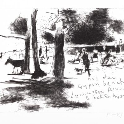 Hot day at Gypsy Beach. 2023. drypoint. plate size 16 x 22cm.  edition of 15.