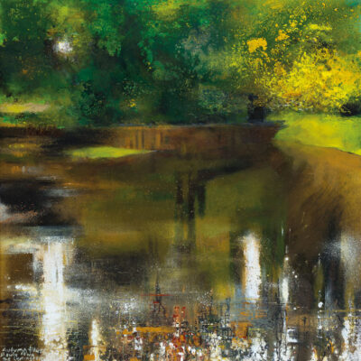 Autumn flows slowly down the Lymington. 2025. mixed media on canvas.  122 x 122cm.